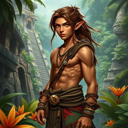 A male semi-elf explorer inspired by Mayan culture, with long brown hair tied back