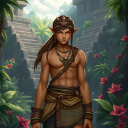 A male semi-elf explorer inspired by Mayan culture, with long brown hair tied back