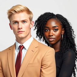 A handsome man with blonde hair and blue eyes, dressed in a sharp suit and tie, stands confidently