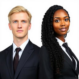 A handsome man with blonde hair and blue eyes, dressed in a sharp suit and tie, stands confidently