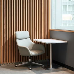 A stylish individual seating area featuring a singular chair paired with a sleek, contemporary table