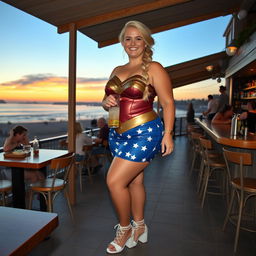 Curvy and plump blond woman with her hair in a sexy plait, standing in a cafe overlooking the beach at St Ives at dusk