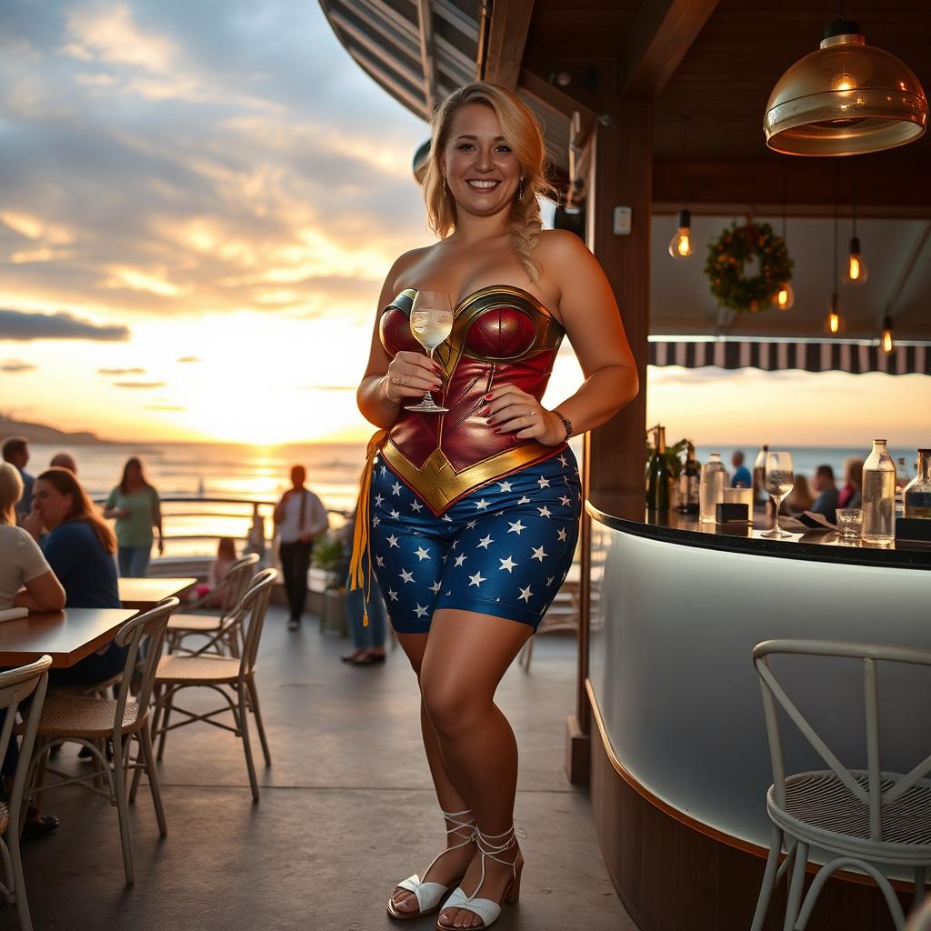 Curvy and plump blond woman with her hair in a sexy plait, standing in a cafe overlooking the beach at St Ives at dusk