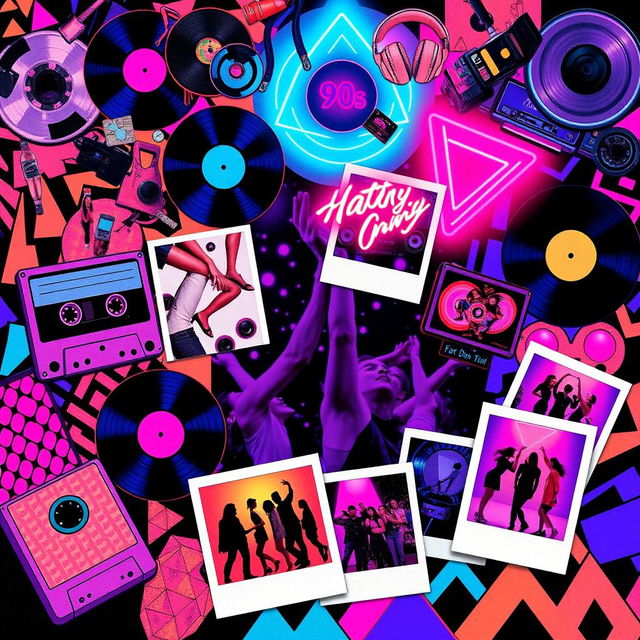 A 90s style collage depicting a nostalgic party atmosphere