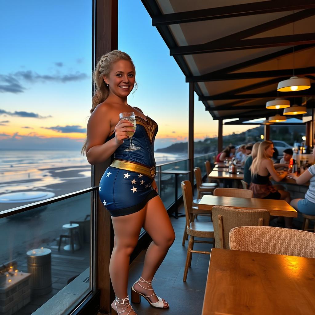 Curvy blond woman with her hair in a sexy plait, standing in a cafe overlooking the beach at St Ives at dusk