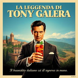 Movie poster for "La Leggenda di Tony Galera" featuring an Italian bandit with a cocktail always in hand