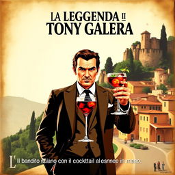 Movie poster for "La Leggenda di Tony Galera" featuring an Italian bandit with a cocktail always in hand