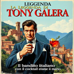 Movie poster for "La Leggenda di Tony Galera" featuring an Italian bandit with a cocktail always in hand