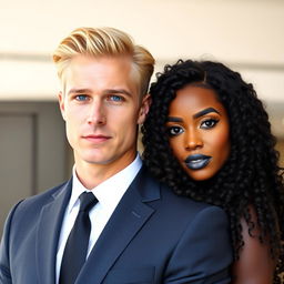 A handsome blonde man with blue eyes dressed in a suit and tie