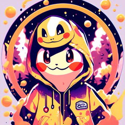 Anime-style Charmander in Supreme yellow rain jacket within a funky circle border. Image features particles and glitch effects with a lo-fi aesthetic.