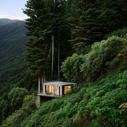 A tranquil house nestled on a steep mountain, enveloped by lush wilderness.