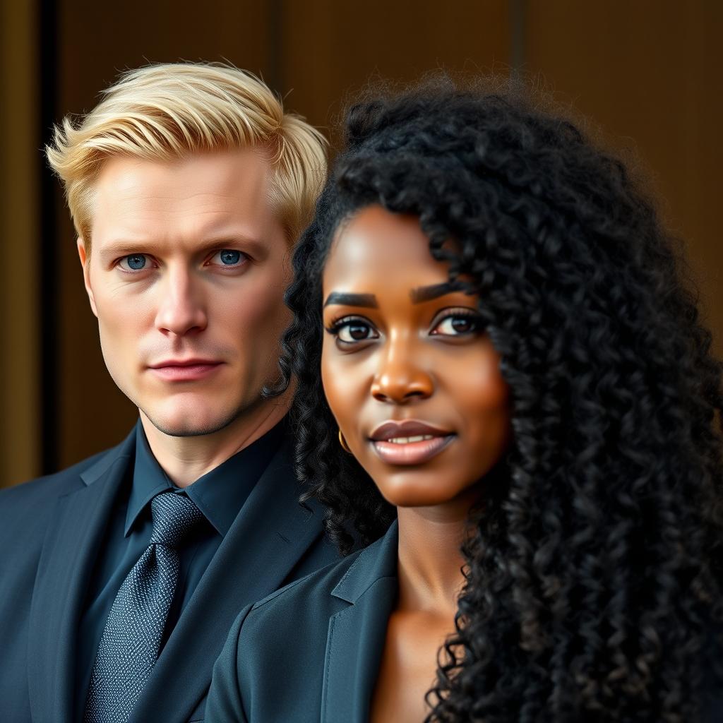 A handsome blonde man with blue eyes dressed in a suit and tie