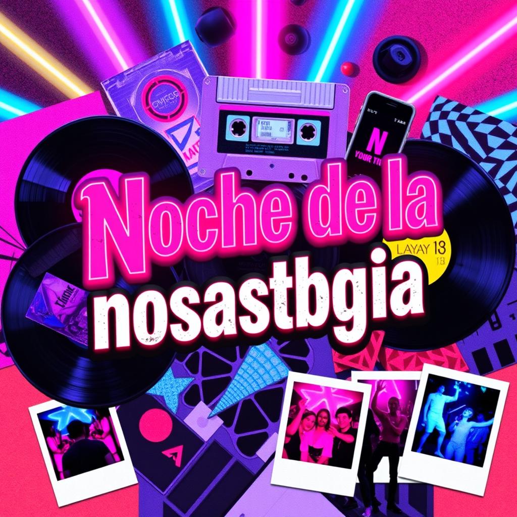 A 90s style collage featuring the text "Noche de la nostalgia" in a striking collage font