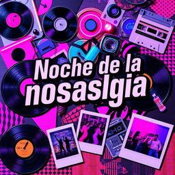 A 90s style collage featuring the text "Noche de la nostalgia" in a striking collage font