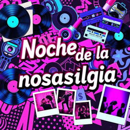 A 90s style collage featuring the text "Noche de la nostalgia" in a striking collage font