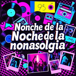 A 90s style collage featuring the text "Noche de la nostalgia" in a striking collage font