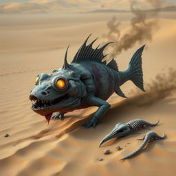 A grotesque and mutated desert fish, exuding an aura of malevolence, slithers through the dry sands of a barren desert