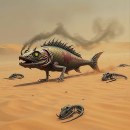 A grotesque and mutated desert fish, exuding an aura of malevolence, slithers through the dry sands of a barren desert