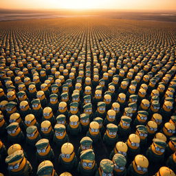 An expansive aerial view showcasing an army of uniformed minions dressed in distinct Italian military attire