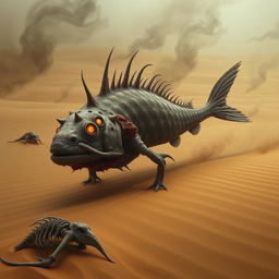 A grotesque and mutated desert fish, exuding an aura of malevolence, slithers through the dry sands of a barren desert