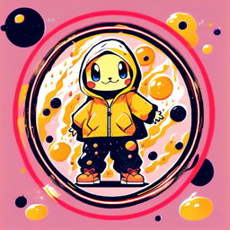 Anime-style Charmander in Supreme yellow rain jacket within a funky circle border. Image features particles and glitch effects with a lo-fi aesthetic.