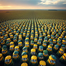 An expansive aerial view showcasing an army of uniformed minions dressed in distinct Italian military attire