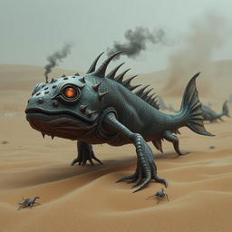 A grotesque and mutated desert fish, exuding an aura of malevolence, slithers through the dry sands of a barren desert