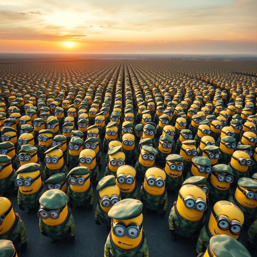 An expansive aerial view showcasing an army of uniformed minions dressed in distinct Italian military attire