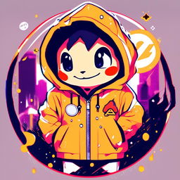 Anime-style Charmander in Supreme yellow rain jacket within a funky circle border. Image features particles and glitch effects with a lo-fi aesthetic.