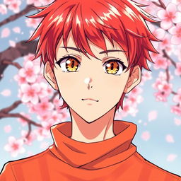 A handsome 17-year-old boy with striking red hair and captivating golden eyes, illustrated in a vibrant manga style