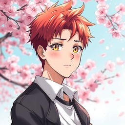 A handsome 17-year-old boy with striking red hair and captivating golden eyes, illustrated in a vibrant manga style