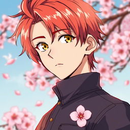 A handsome 17-year-old boy with striking red hair and captivating golden eyes, illustrated in a vibrant manga style