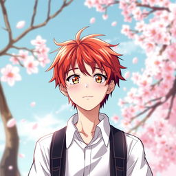 A handsome 17-year-old boy with striking red hair and captivating golden eyes, illustrated in a vibrant manga style