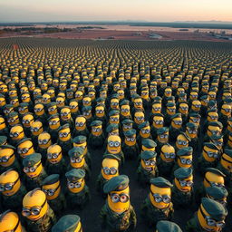 An expansive aerial view showcasing an army of uniformed minions dressed in distinct Italian military attire