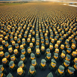 An expansive aerial view showcasing an army of uniformed minions dressed in distinct Italian military attire