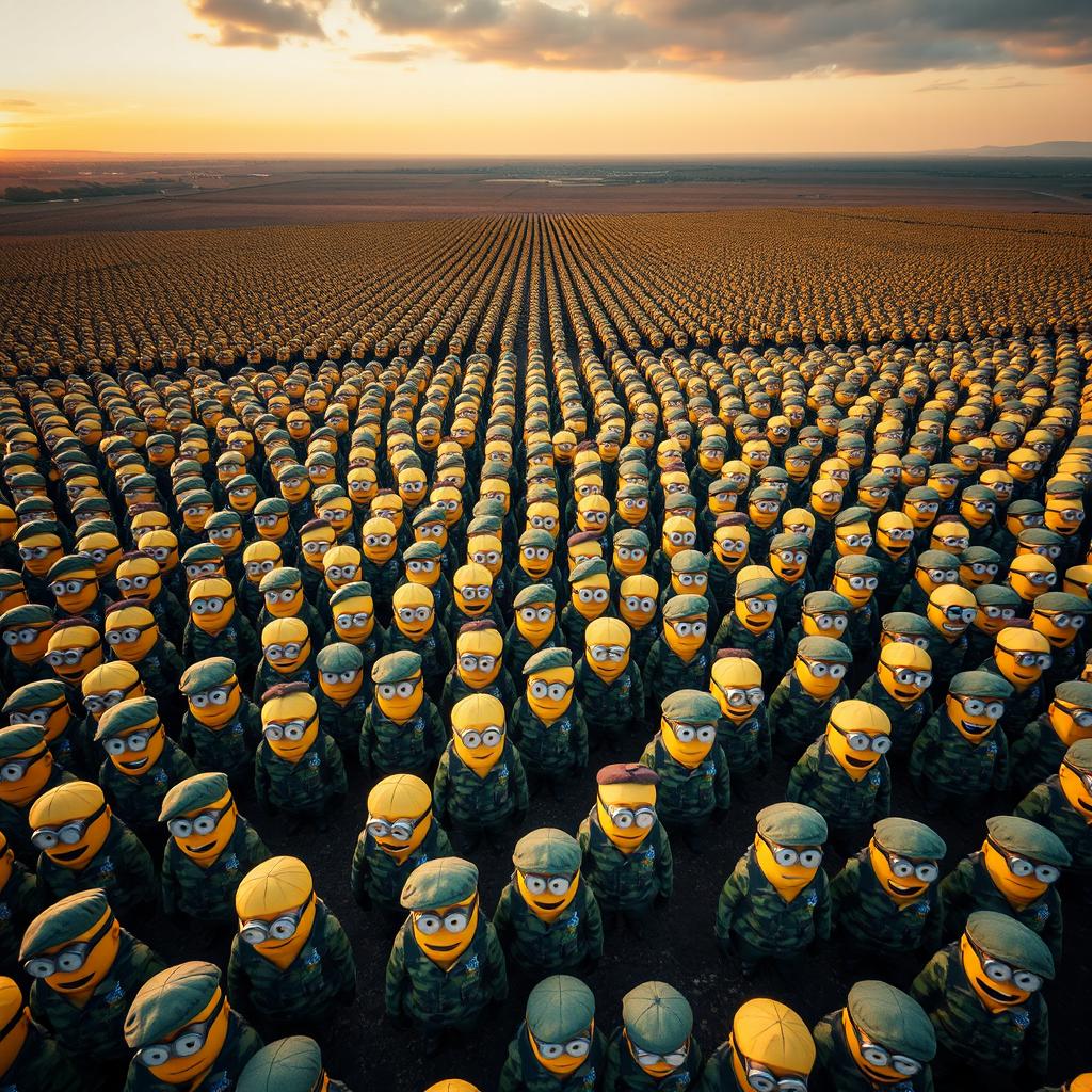 An expansive aerial view showcasing an army of uniformed minions dressed in distinct Italian military attire