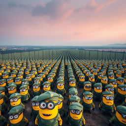 An expansive aerial view showcasing an army of uniformed minions dressed in distinct Italian military attire