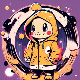 Anime-style Charmander in Supreme yellow rain jacket within a funky circle border. Image features particles and glitch effects with a lo-fi aesthetic.