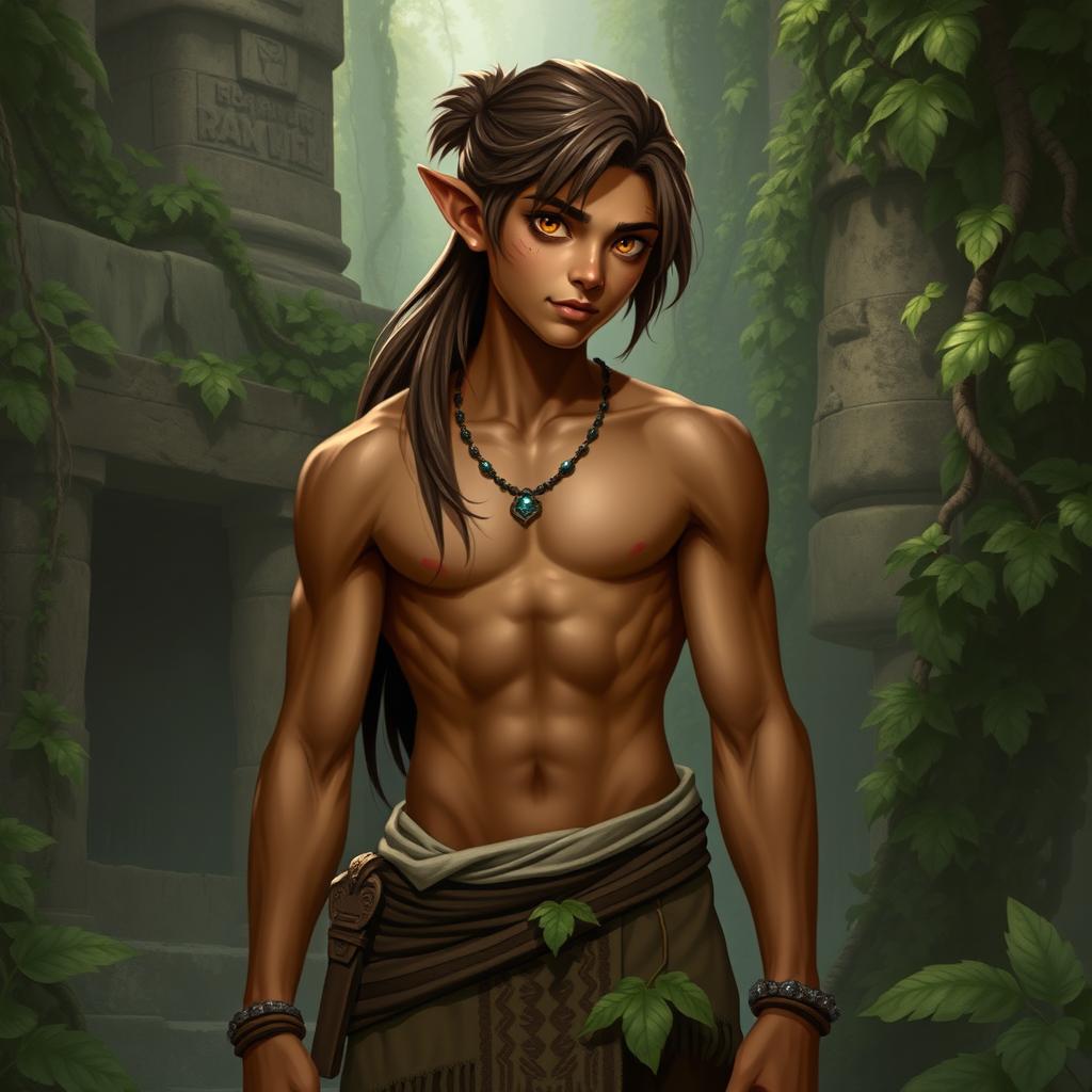 A male semi-elf explorer inspired by Mayan culture, shown in a realistic art style