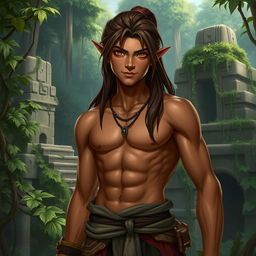 A male semi-elf explorer inspired by Mayan culture, shown in a realistic art style