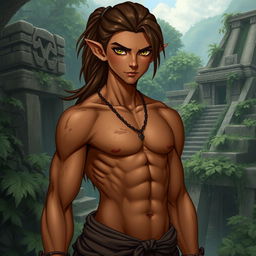 A male semi-elf explorer inspired by Mayan culture, shown in a realistic art style