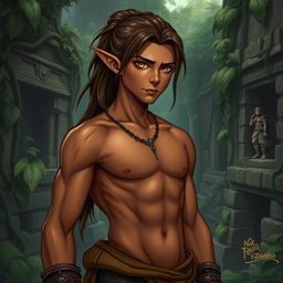 A male semi-elf explorer inspired by Mayan culture, shown in a realistic art style