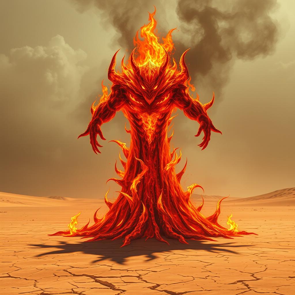 A sinister fire elemental blazes with malevolence in the heart of a scorching desert