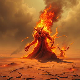 A sinister fire elemental blazes with malevolence in the heart of a scorching desert