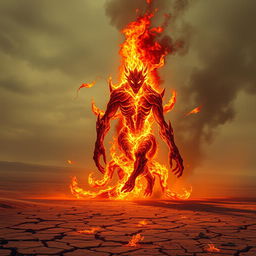 A sinister fire elemental blazes with malevolence in the heart of a scorching desert