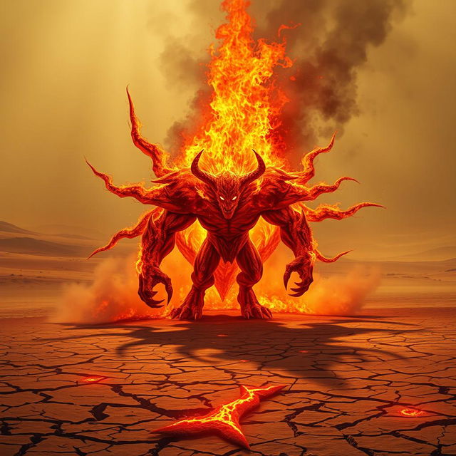 A sinister fire elemental blazes with malevolence in the heart of a scorching desert