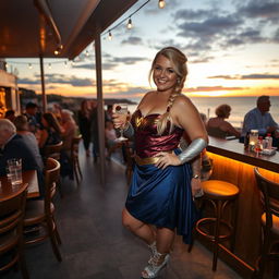 Plump and curvy blond woman with her hair in a sexy plait, standing in a cafe overlooking the beach at St Ives at dusk