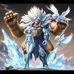 Lira, the Ice Warrior, is a slender woman with pale skin and flowing silver hair, wearing light blue armor adorned with sparkling ice crystals