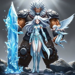 Lira, the Ice Warrior, is a slender woman with pale skin and flowing silver hair, wearing light blue armor adorned with sparkling ice crystals