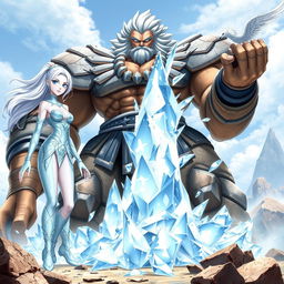 Lira, the Ice Warrior, is a slender woman with pale skin and flowing silver hair, wearing light blue armor adorned with sparkling ice crystals